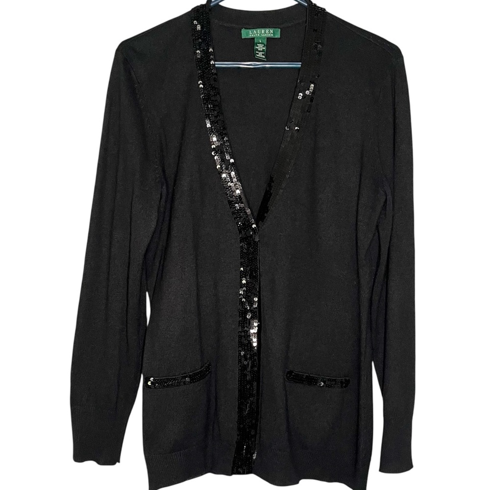 Lauren Ralph Lauren Silk Cashmere Sequin Cardigan Black L Holiday Party Glam